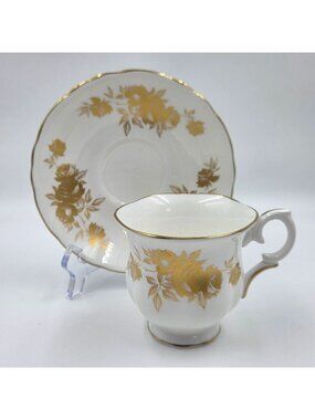 Crown Staffordshire Tea Cups and Saucer Gold Flower on White Bone China